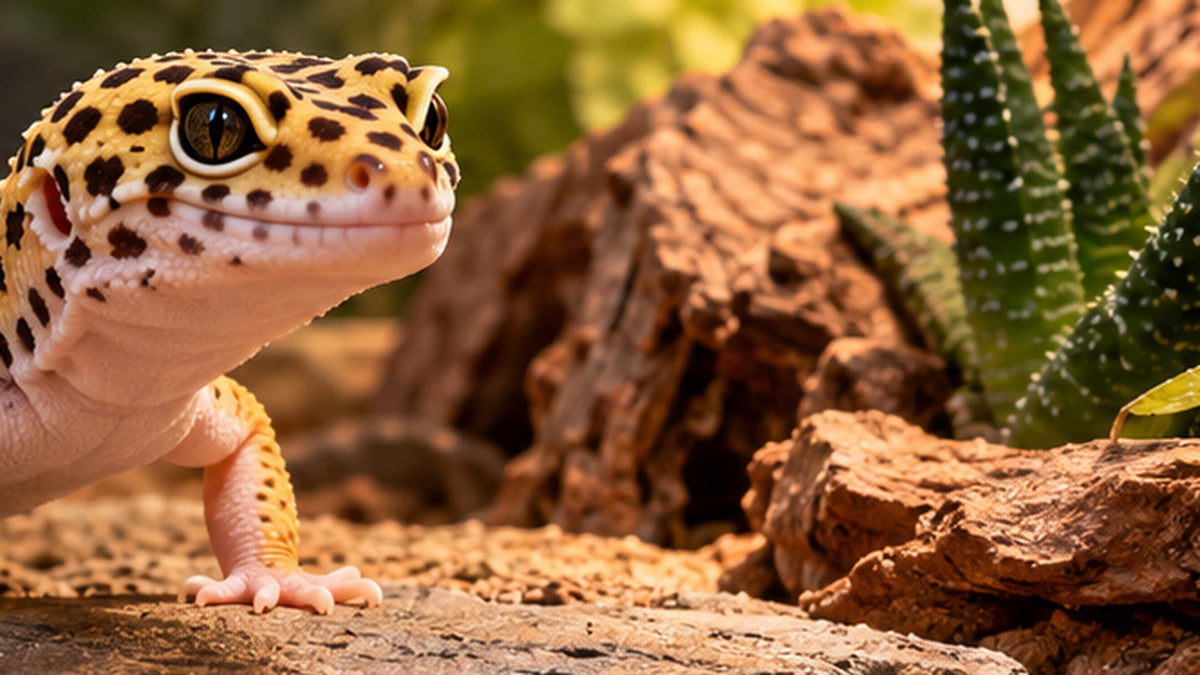 Illustration of a leopard gecko in a naturalistic terrarium with rocks, a hide, and desert-style plants.